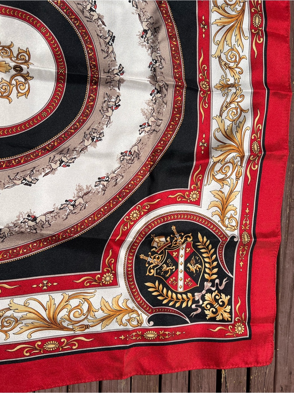 Talbots 100% Silk Equestrian Crest Scarf Red Black Gold 31” Square - Picture 10 of 12